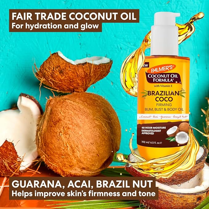 Palmer's Brazilian Coco Hot Mama Firming Kit, Coconut Oil Formula Skin Care Duo with Firming Body Cream (8.8 Oz) + Body Oil (6.6 Fl Oz) Helps Tone Bum, Belly & Thighs, Provides 48 Hour Moisture