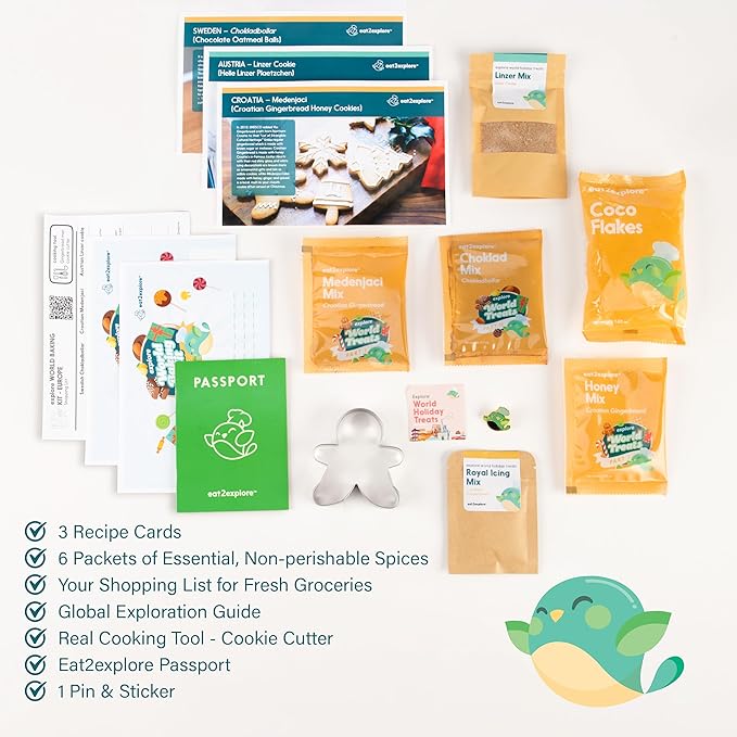 Kids Real Dessert Baking Kit for Families | Includes 3 Recipe Cards from Sweden, Croatia and Austria with Key Ingredients, Baking Tools, Fun Kids Explorer Guide | Explore Europe