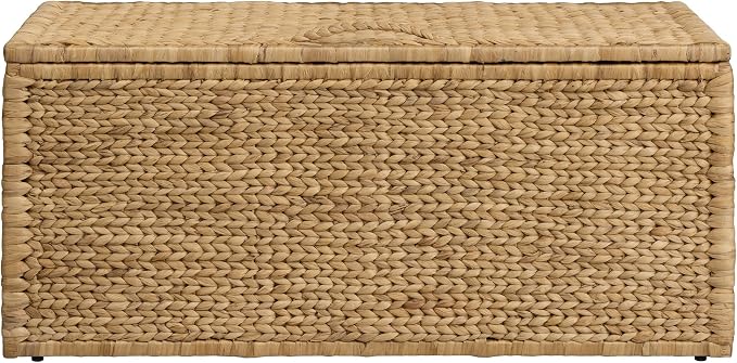 Water Hyacinth Bedding Storage Trunk, Natural, 42x20x18.5 | 2 Safety Hinges, Extra Large, Metal Frame, Wicker Blanket Chest, Decorative Storage Box