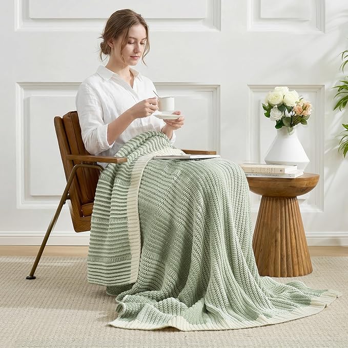 Amélie Home Premium Chenille Throw Blanket, Soft Cozy Luxury Two-Tone Knit Blanket for Couch, Sofa, Chair, Home Decor, Sage Green & Ivory 50"x60"