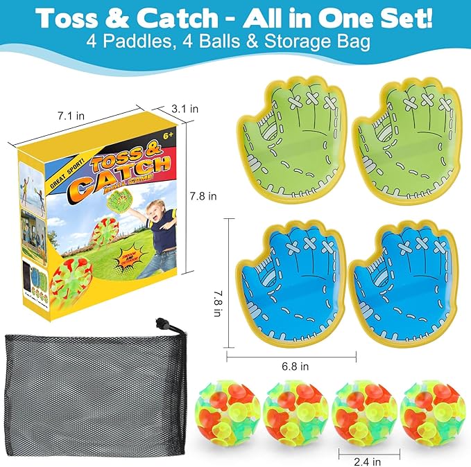 Dolanus Toss and Catch Games - Throw Catch Velcro Ball Set with 4 Paddle, 4 Balls, Toys for Kids Outdoor Outside Pool Sand Beach Activities, Birthday Gifts for Ages 3 4 5 6 8 12 Year Old Boys Girls