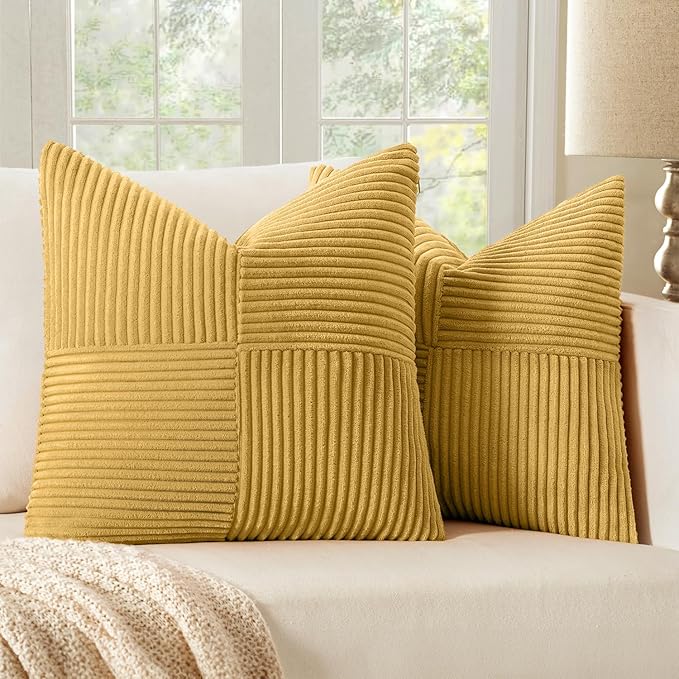MIULEE Golden Mustard Decorative Throw Pillow Covers for Couch 20x20 Inch | 2 Pack, Boho Farmhouse Pillow Covers, Soft Cross Corduroy Patchwork Textured Cushion Cases For Bed Sofa