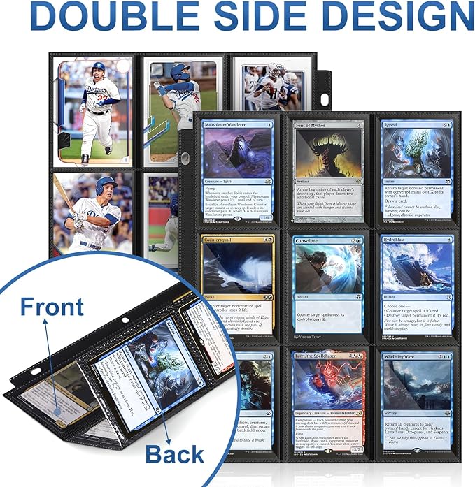 50 Pack 9 Pocket Page Protector,900 Pockets Black Trading Card Sleeves Pages Baseball for 3 Ring Binder, Sheets Standard Size Cards, Sport Game Business Cards