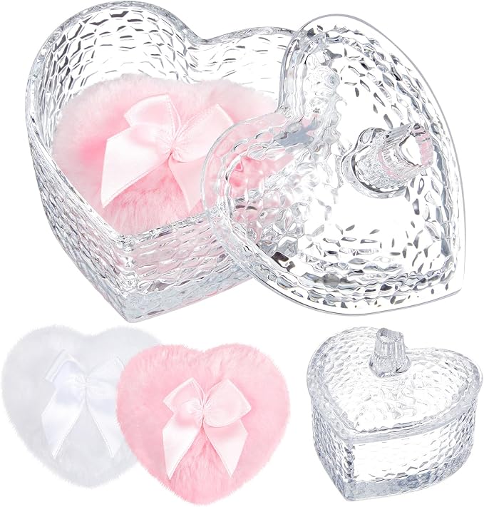 Tioncy 3 Pcs Large Body Powder Puff and Container Valentine's Day gift Powder Container with Puff Crystal Case Soft Washable Reusable Velour Face Body Glitter Wet Dry Makeup(Hammered Heart,Clear)