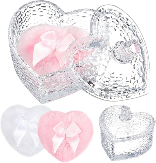 Tioncy 3 Pcs Large Body Powder Puff and Container Valentine's Day gift Powder Container with Puff Crystal Case Soft Washable Reusable Velour Face Body Glitter Wet Dry Makeup(Hammered Heart,Clear)