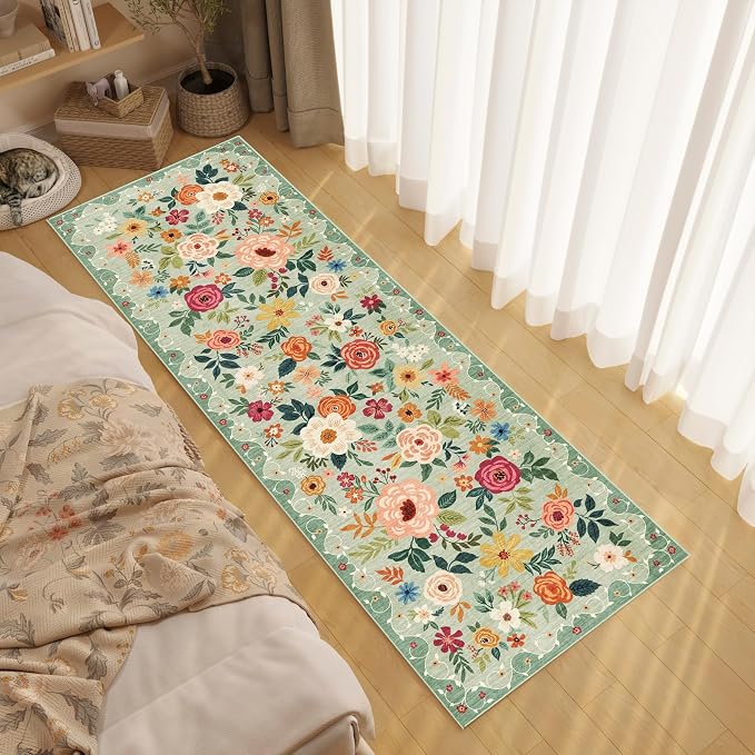 DUKINO 2x10 Runner Rug, Floral Washable Kitchen Runner Rug Non Slip, Green | Soft, Low Pile, Stain Resistant Indoor Rug Runner for Hallway, Entryway, Bedroom, Bathroom, Laundry, Pet Friendly, Home Decor