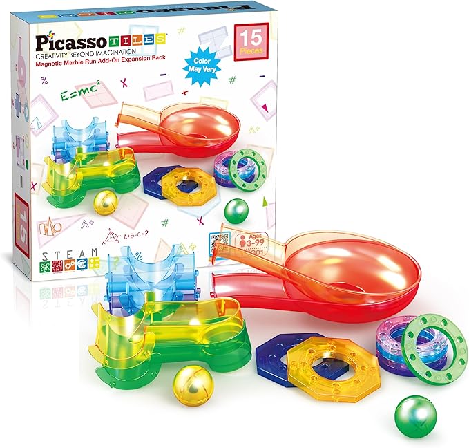 PicassoTiles Magnetic Marble Run Add-On Expansion Pack for Magnet Tile Building Blocks Maze Construction Toy Kit Educational STEM Learning Enhances Creativity Imagination Children Ages 3+ PTG01