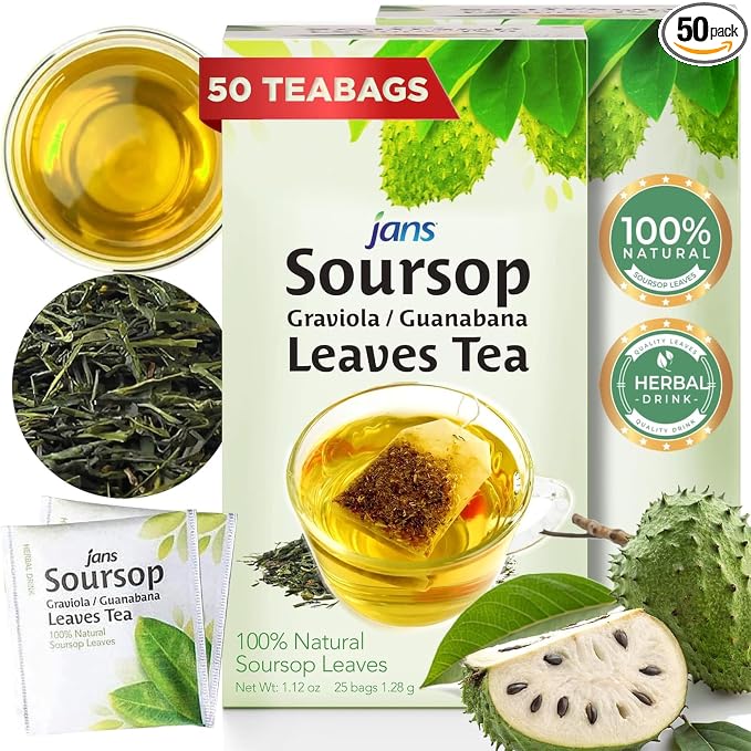 Jans Soursop Tea Bags 50 Count (2 Pack of 25) | 100% Natural Soursop Leaves | Caffeine Free Sour Sop Tea | Vegan Herbal Tea | Individually Wrapped Tea Bags | Cholesterol Free Sugar Free Relaxation Beverage