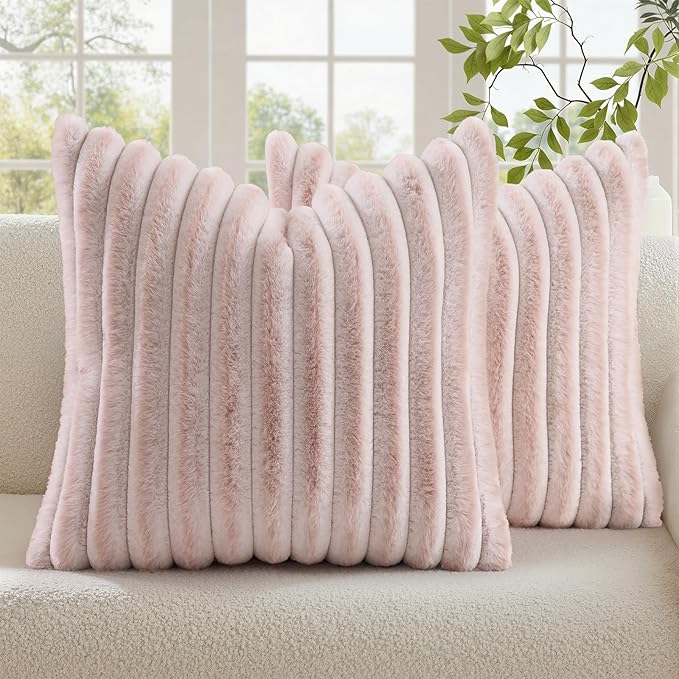 decorUhome Fall Faux Fur Throw Pillow Covers 16x16 Set of 2 Pink White | Decorative Soft Cozy Striped Plush Modern Farmhouse Boho Couch Pillow Cases Velvet Back for Sofa Bed Living Room Home Decor