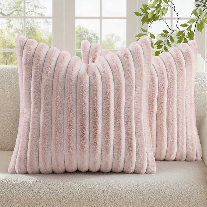 decorUhome Fall Faux Fur Throw Pillow Covers 24x24 Set of 2 Pink White | Decorative Soft Cozy Striped Plush Modern Farmhouse Boho Couch Pillow Cases Velvet Back for Sofa Bed Living Room Home Decor