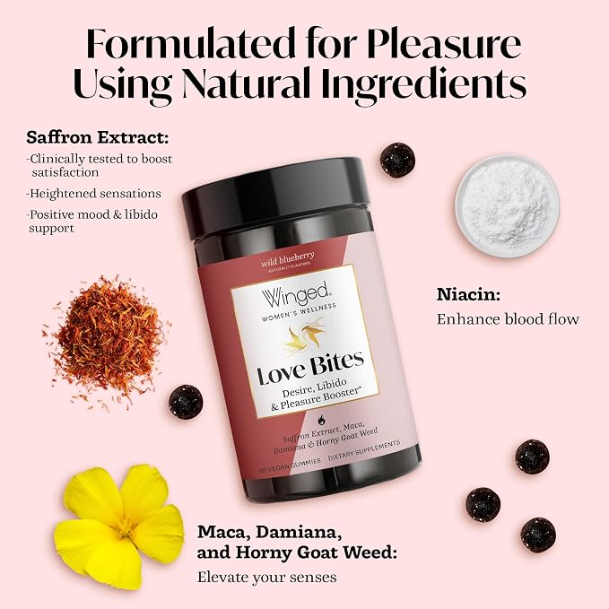 Winged Wellness Love Bites, Libido Booster for Women with Maca Root - Libido & Pleasure Booster with Horny Goat Weed & Damiana - Natural Aphrodisiac Gummy Supplement - Wild Blueberry, 60 Vegan Gummies