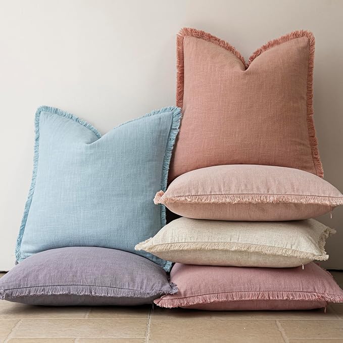 Foindtower Set of 2 Decorative Linen Fringe Lumbar Throw Pillow Covers Boho Farmhouse Cushion Cover with Tassels Soft Accent Pillowcase for Couch Sofa Bed Living Room Home Decor,12×20 Inch,Coral Pink