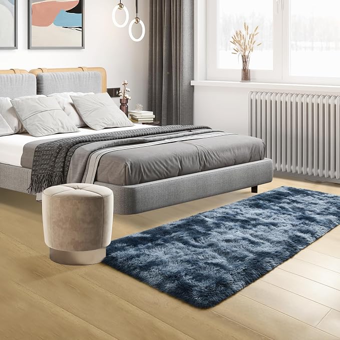 Tepook Soft Runner Rugs for Bedroom Living Room, Fluffy Plush Rug 2x6 for Kids Girls Room, Shag Furry Area Rug Non Slip Carpet for Nursery Children Dorm Home Decor, Tie-dye Dark Blue