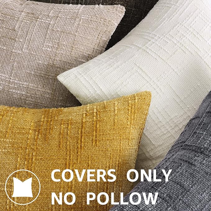 decorUhome Textured Chenille Throw Pillow Covers 18x18 Set of 2 Yellow | Fall Modern Farmhouse Soft Cozy Slubby Couch Pillow Cases Boho Decorative Pillow Cases for Bed Sofa Living Room Home Decor