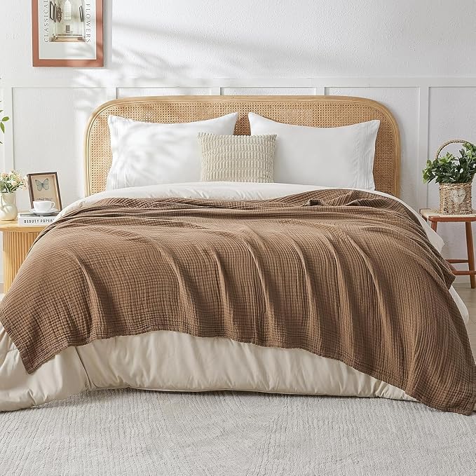 EMME Muslin Blankets for Adults Throw Blanket for Couch Breathable Gauze Soft Lightweight Airy Brown Throw XL 50" x 71"