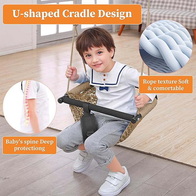 Kids Swing Seats Indoor Hand-Made Net Swing with Adjustable Rope Tree Swings for Kid Child Backyard Playground Swings Outside Indoor (Khaki)