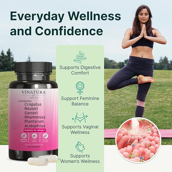 VINATURA Lactobacillus Rhamnosus, Reuteri, Gasseri, Plantarum, Crispatus, Acidophilus Probiotics - Probiotics for Women, Women Vaginal Health, Gut and Digestive Health - 30 Capsules