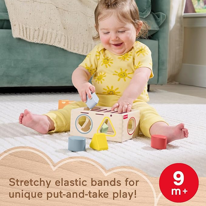 Fisher-Price Wood Baby Toy Flexi Shape Sorter, 7-Piece Wooden Activity with Elastic Bands for Infants & Toddlers Ages 9+ Months