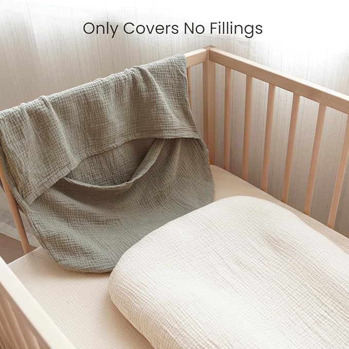 Konssy Muslin Baby Lounger Cover 2 Pack, 100% Cotton Newborn Lounger Cover, Soft and Breathable Baby Nest Slipcover for Boys Girls (Fog Green,Cream)