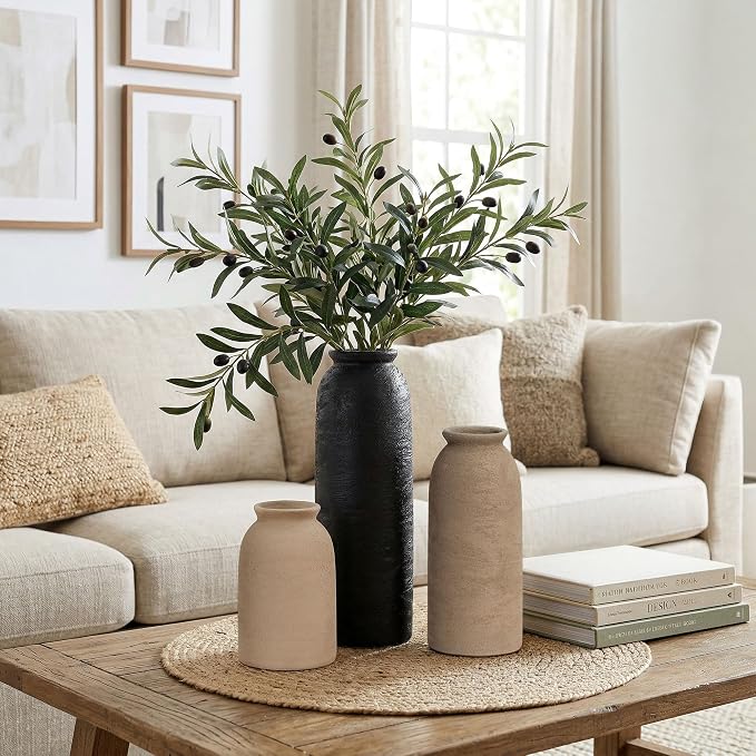 Ceramic Vase Set of 3, Small Flower Rustic Vase Home Decor Neutral Modern Farmhouse Boho Pampas Pottery Vases Decorative Centerpiece for Table Mantel Shelf Living Room Kitchen Bathroom