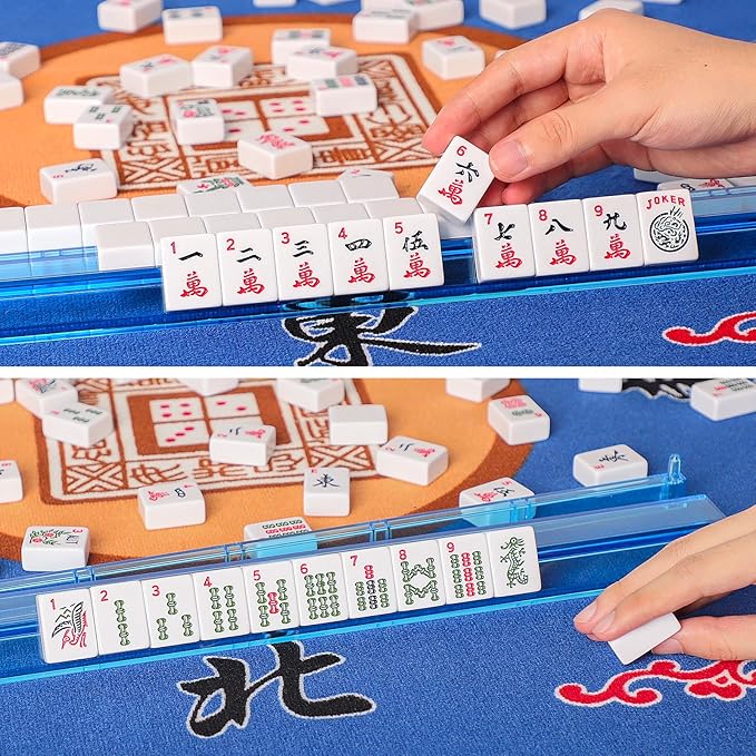 American Mahjong Game Set, 166 Quality White Tiles, 4 All-in-One Color Rack/Pushers, Complete Mahiong Tile Set Black Printed Carrying Bag