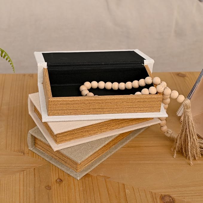 DECOR4SEASON Modern Linen and Wood Decorative Faux Book Boxes Set of 3, 8",Taupe,Beige,Off White