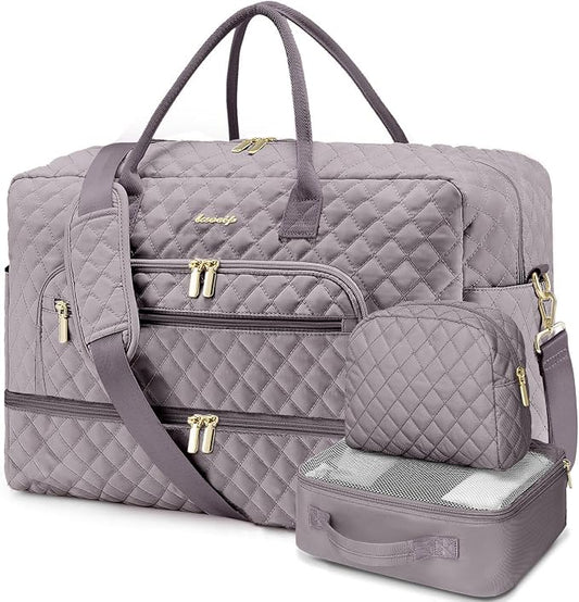 Large Women Travel Duffle Bag, Weekender Bags for Women with Shoe Compartment, Carry on Overnight Bag with Toiletry Bag, Gym Duffel Bag with Wet Pocket, Hospital Bags for Labor and Delivery 3 PCS Set