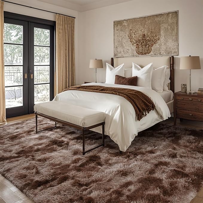 7x10 Ft Extra Large Shag Brown Area Rug for Living Room, Tie-Dyed Ultra Soft Fluffy Furry Rugs for Bedroom Indoor Floor, Aesthetic Carpet for Kids Home Decor (Coffee)