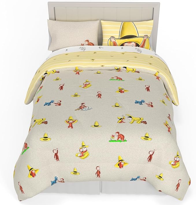 Curious George Bedding Set, Full Size 7 Piece Set Kids Super Soft Cozy Reversible Comforter and Sheet Set with Sham, (100% Officially Licensed Product) by Franco