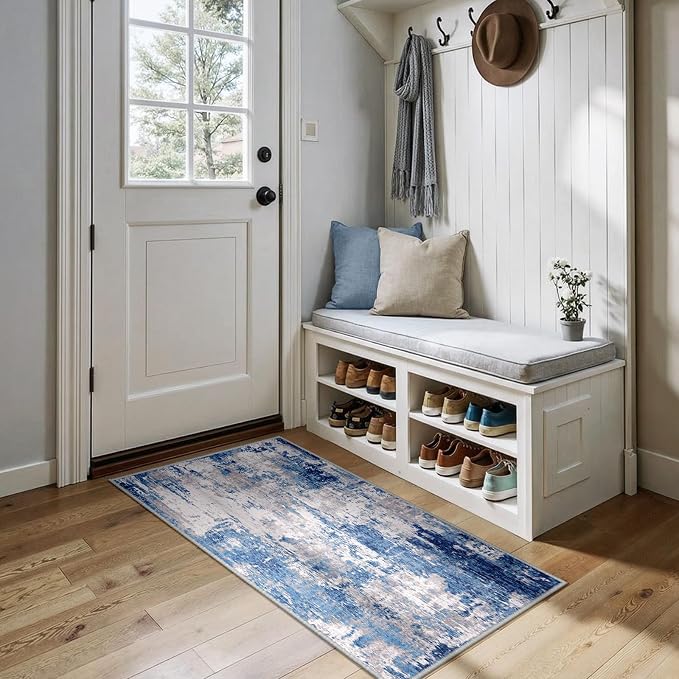 RELEANY Washable 2'x5' Abstract Area Rug for Living Room Blue Gray | carpet for bedroom, kitchen, office, hallway and entryway, printed pattern, non-slip, soft, stain-resistant, easy to clean