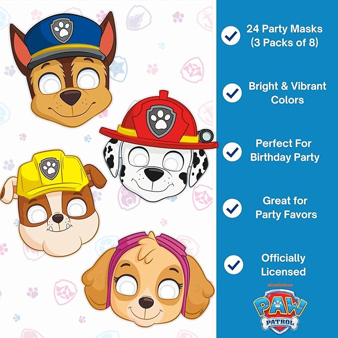 Unique Paw Patrol Party Masks | 24 Count | For Kids Birthday Party Favors and Decorations | Officially Licensed | includes Checklist