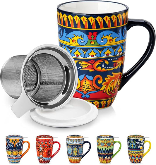 vancasso Ceramic Tea Cup with Infuser and Lid, 18 Ounce Tea Infuser Mug for Loose Leaf Tea, Microwave & Dishwasher Safe, Bohemian Mandala, Gift for Tea Lovers, Midnight Peacock