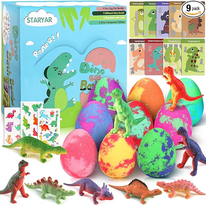 Bath Bombs for Kids with Surprise Toys Inside - 9 Pack Dinosaur Bath Bombs Gift Set, Dinosaur Toys for Kids 3 4 5 6 7 8 9 Years, Valentines Day Gifts for Kids, Easter Gifts Bubble Bath Fizzes