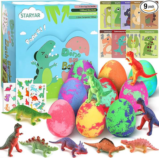 Bath Bombs for Kids with Surprise Toys Inside - 9 Pack Dinosaur Bath Bombs Gift Set, Dinosaur Toys for Kids 3 4 5 6 7 8 9 Years, Valentines Day Gifts for Kids, Easter Gifts Bubble Bath Fizzes