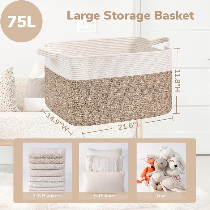 Goodpick Large Woven Rope Blanket Basket, Rectangle, White & Light Brown | 21.6" × 14.9" × 11.8" Storage Basket for Pillows & Toys Laundry, Nursery & Living Room Organization, Reinforced Handles