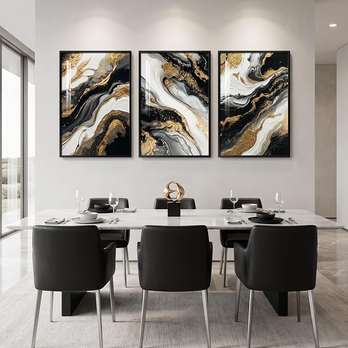 Large Framed Modern Abstract Luxury Wall Art Set, 3 Piece 24x36 In | Black white gold wall prints, Elegant marble pattern pictures, Living room bedroom dining room office wall decor