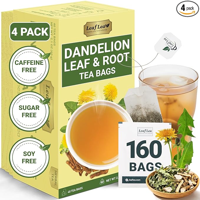 LeafLea Dandelion Root & Leaf Tea Bags, Gut Health Support, 160 Count | Natural Roasted Dandelion Herbal Blend, Te De Diente De Leon, Caffeine-Free, Vegan, Convenient 4 Pack