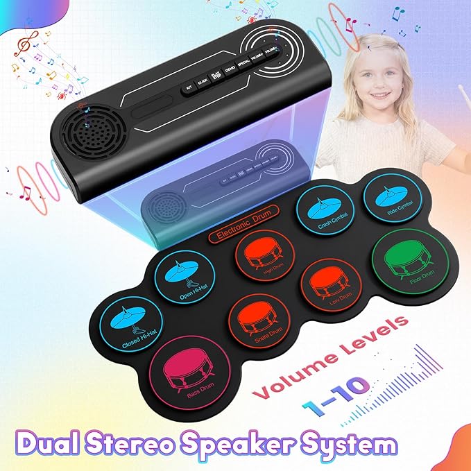 Electronic Drum Set, 9-Pad Kids Electric Drum Set Dual Stereo Speaker, MIDI. Portable Roll Up Drums Practice Pad for Kids, Perfect Birthday&Christmas Gift for Boys&Girls