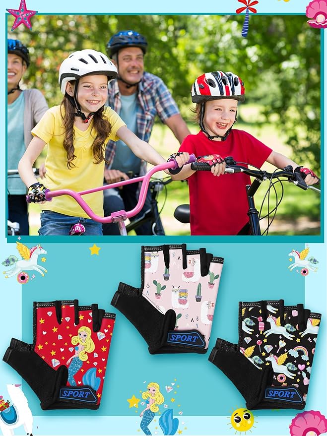 Boao 3 Pairs Kids Half Finger Bike Gloves Non-Slip Breathable Adjustable Birthday Gift for Boys Girls for Bike Workout