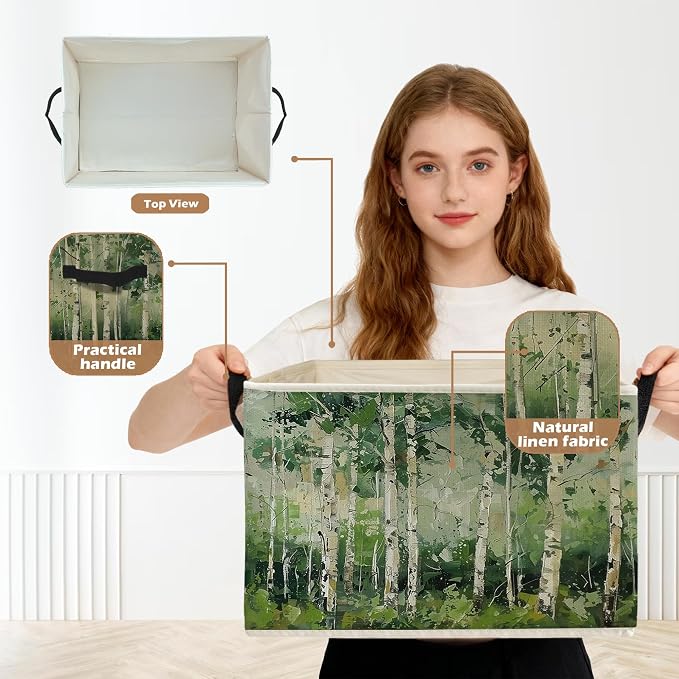 Modern Abstract Birch Tree Storage Box Bins, Green Forest Nature Landscape Collapsible Storage Basket Organizer for Bedroom Laundry Room Home Clothes Books, Decor for Room
