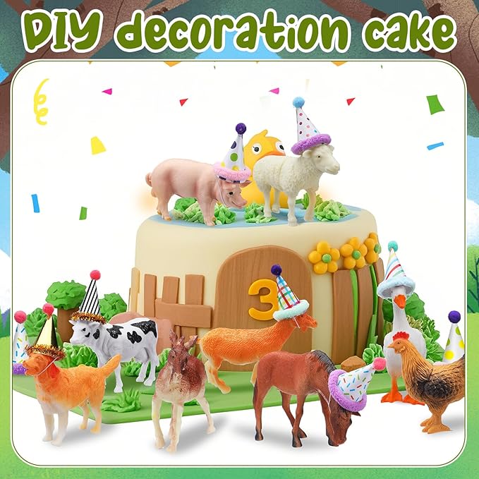 18 Pcs Farm Animal Birthday Party Decorations Mini Birthday Hat Animal Figure Model Cake Toppers with Mini Hat for Birthday Party, Animals Themed Party