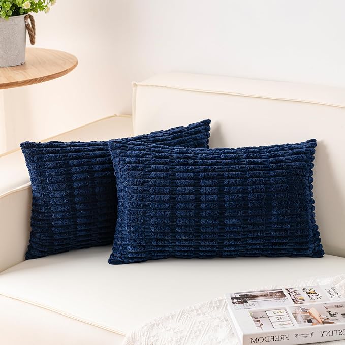 Aegero Pack of 2 Corduroy Decorative Throw Pillow Covers 12x20 Inch, Blue | Fall Soft Striped Pillow Covers Modern Farmhouse Home Decor Christmas Throw Pillow Covers for Sofa Living Room Couch Bed