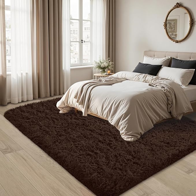 5x8 Area Rug for Living Room:Ultra Soft Fluffy Shag Brown Rugs,Large Fuzzy Plush Indoor Non Slip Carpet Washable Rug for Bedroom Kids Nursery Office Dorm Modern Decor(Brown 5'x8')