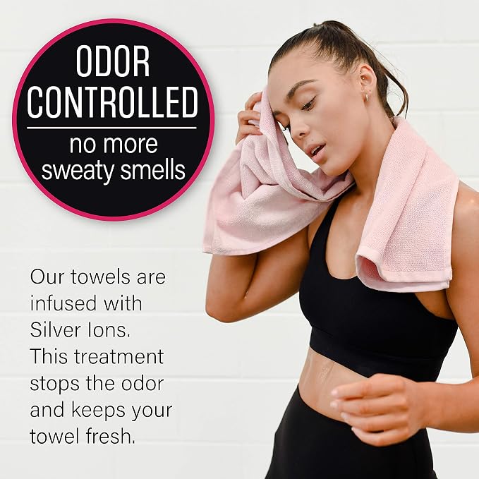 Pink Gym Towel for Women - Organic Cotton Silver Infused Sweat Towel, 500 GSM, 31.5"x15.75" - Soft Absorbent Workout Towel for Gym Yoga Spin and Pilates, Exercise Towel