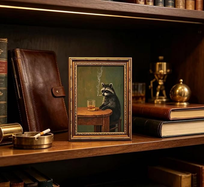 Vintage Gold Framed Smoking Raccoon Wall Art,Moody Dark Funny Animal Whiskey Cigar Canvas Print,Humor Funny Raccoon Wall Decor,Retro Bar Cart Poster Artwork,for Study Living Office Bar Decor
