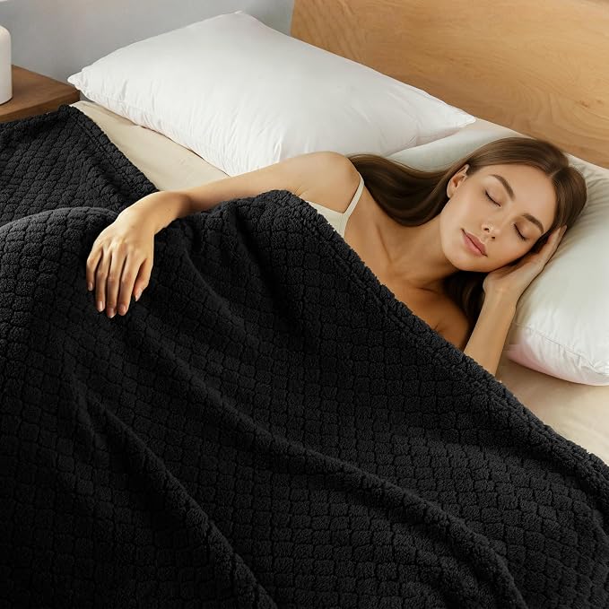 Exclusivo Mezcla Soft Fleece Throw Blanket for Couch, Black | Jacquard Lightweight Cozy Throws for Bed, Sofa, Breathable Decorative Fuzzy Textured All Season Use, 50x60 Inches
