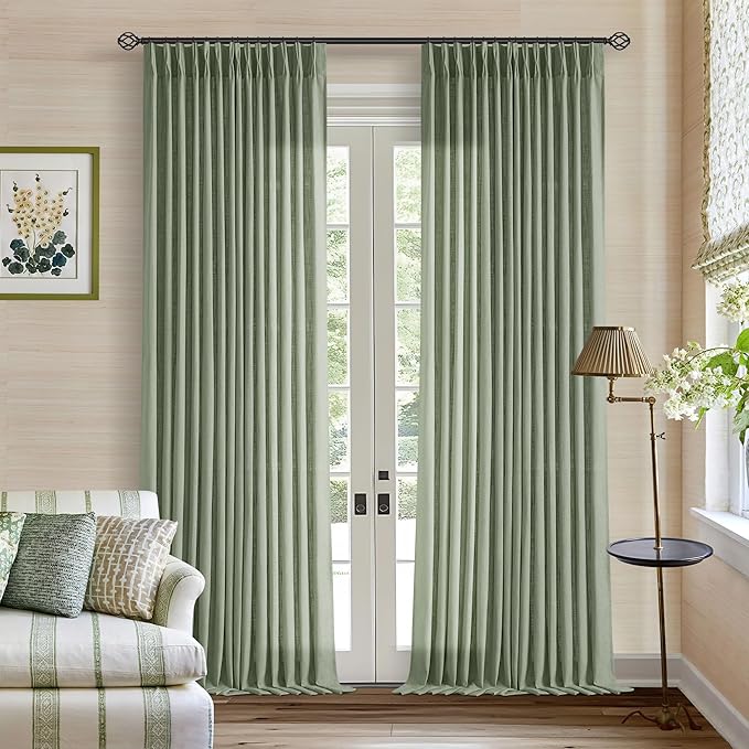 Sage Green Pinch Pleat Semi Sheer Linen Curtains 102 Inches Long 2 Panels | for Living Dining Room, 400GSM Flax Linen, Pinch Pleated with Hook Rings Back Tab, Memory Shape Trained, Light Filtering