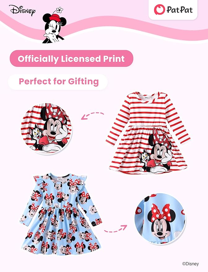 Disney Frozen Elsa Stitch Princess Minnie Mouse Toddler Girl Dresses 2 Pack Ruffle Long Sleeve Dress Set (3 Months - 6 Years)