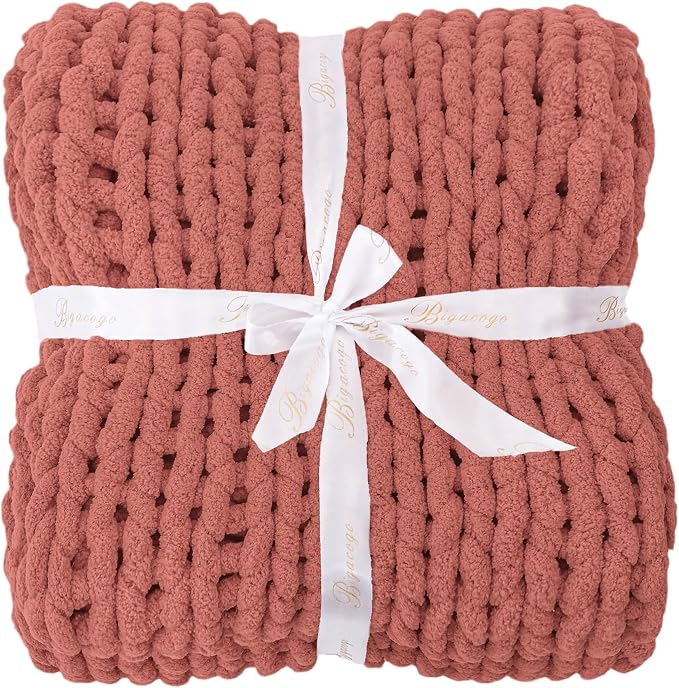 Bigacogo Chunky Knit Throw Blanket for Couch, 51x63 inches, Antique Red | Hand Knit with Jumbo Chenille, Soft Breathable Cable Knit for Sofa Bed Living Room, Machine Washable, Gift for Mom Friend