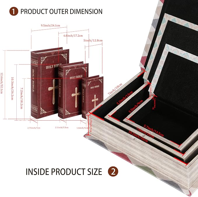 Wooden Book Box Set of 3 with Magnetic Closure and Classic Bible Design Leather Cover, Non-Woven Fabric Interior, Decorative Secret Storage for Bookshelves and Home Office